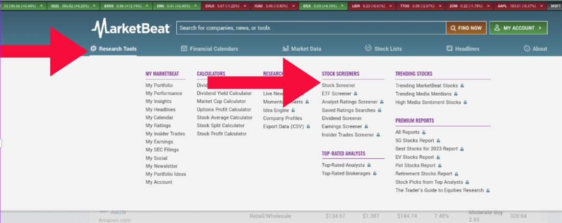 how to use stock screener on MarketBeat: how to access the stock screener